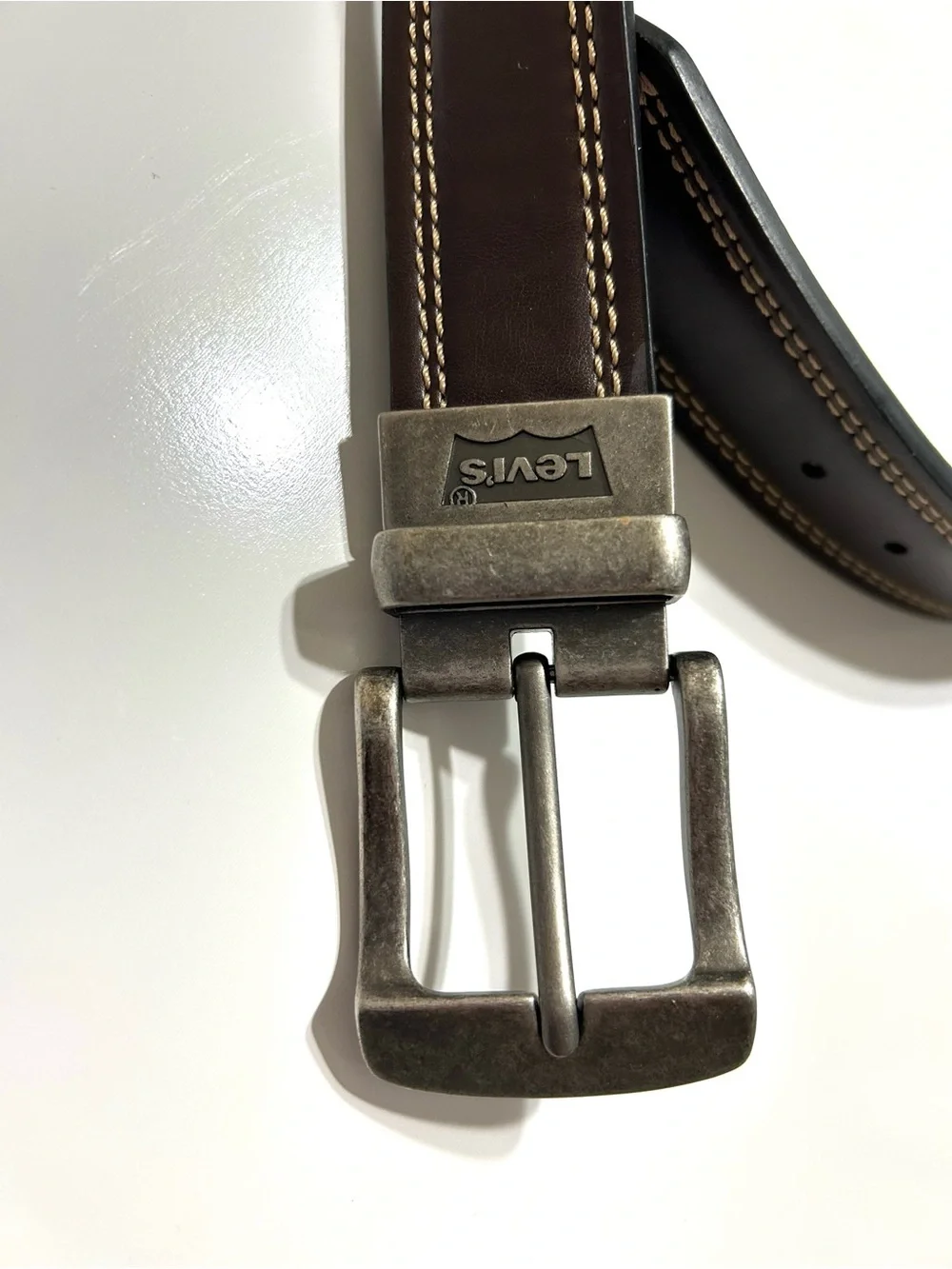 Levi's Men’s Dark Brown Leather Belt with Brushed Silver Buckle